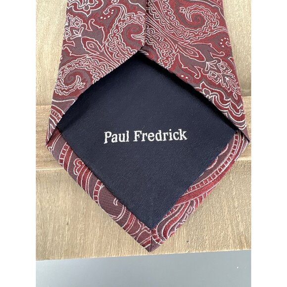 Paul Fredrick Mens Silk Paisley Tie In Rich Burgundy & White Pattern Holiday - Picture 3 of 5